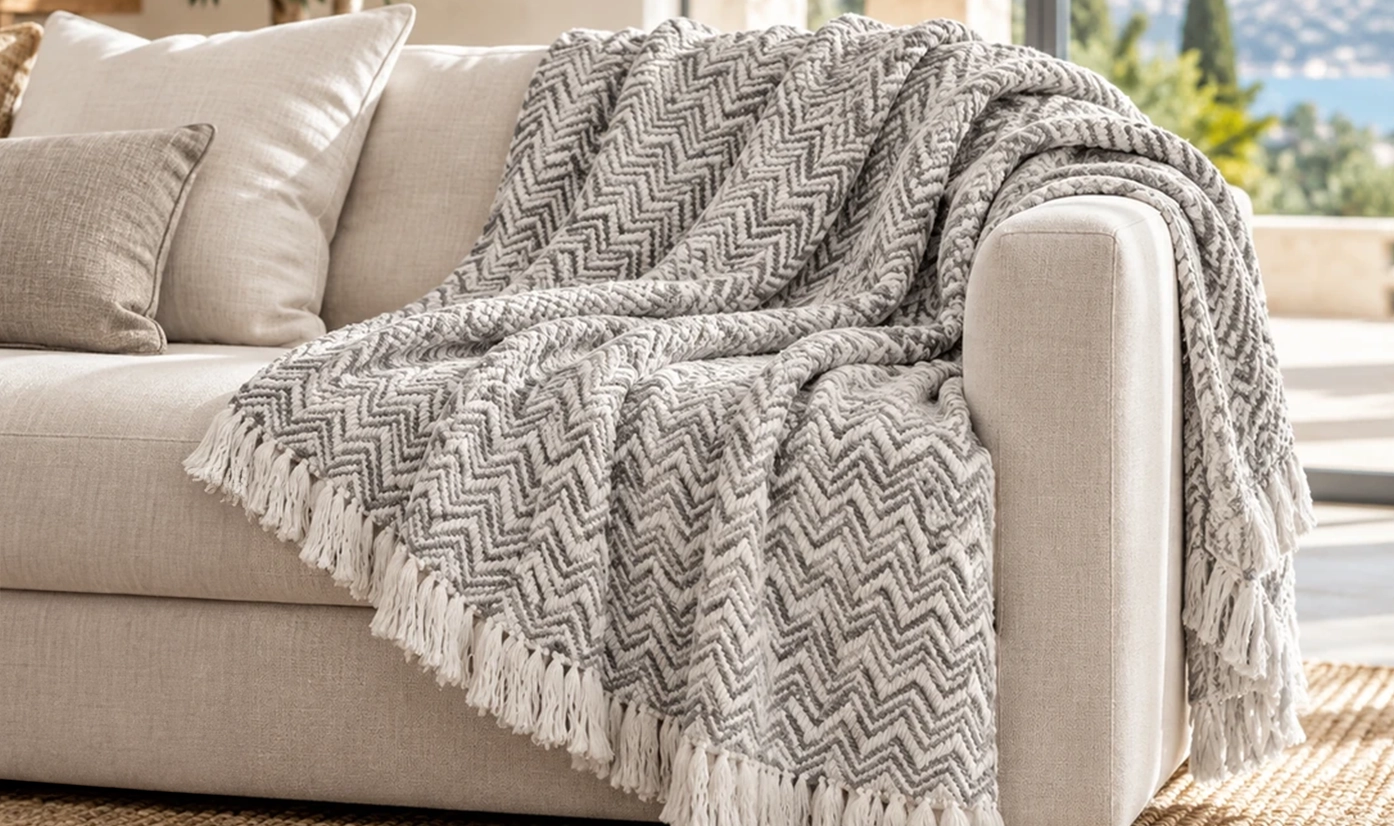 Grey and white chevron throw with fringe draped over a cream sofa
